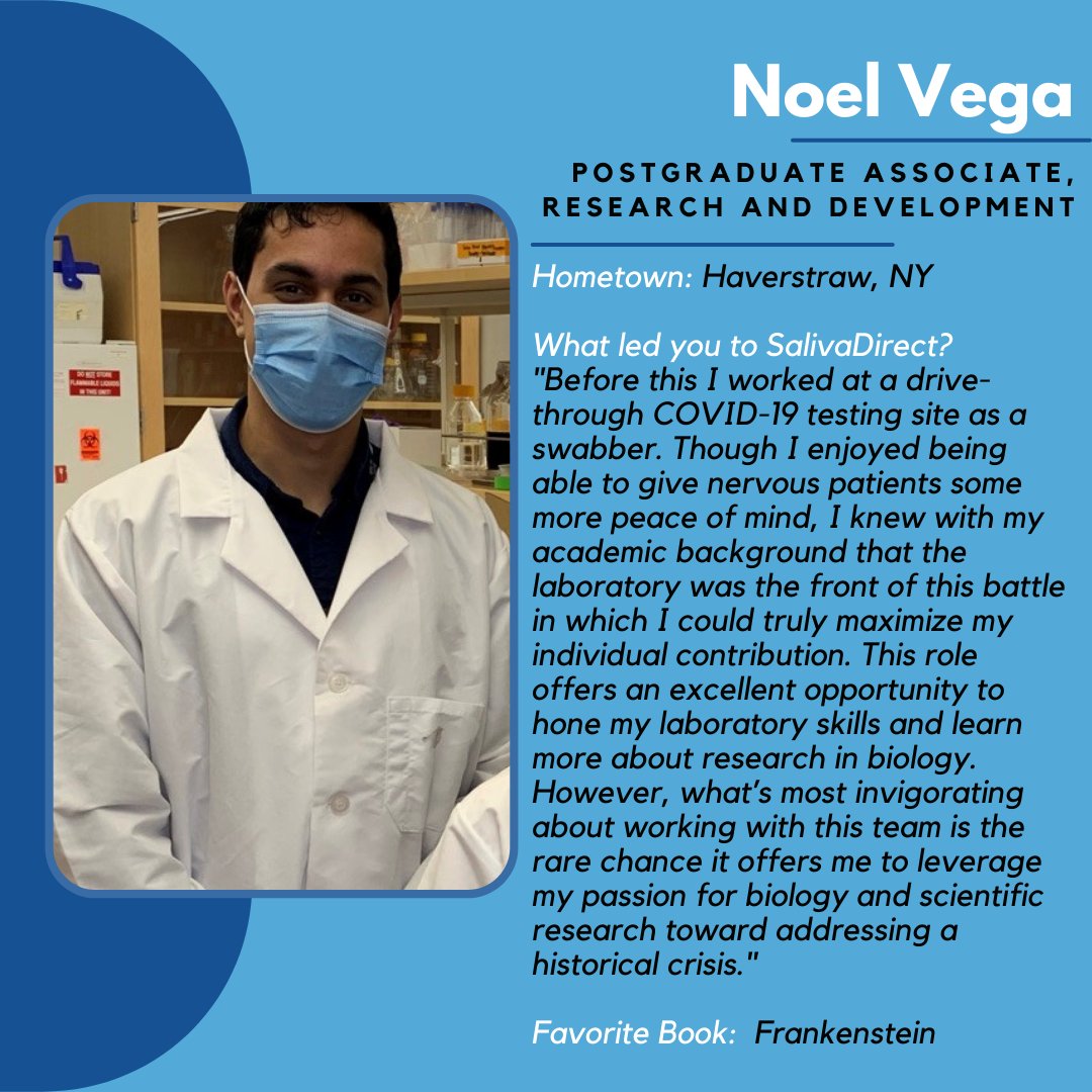 saliva_direct's tweet image. Meet a one of our staff members here at @YaleSPH @saliva_direct! This week&apos;s feature includes Noel Vega who is a postgraduate associate working in research and development!
#featuredstafffridays #spitsquad #meettheteam #SalivaDirect #Yale #ysph