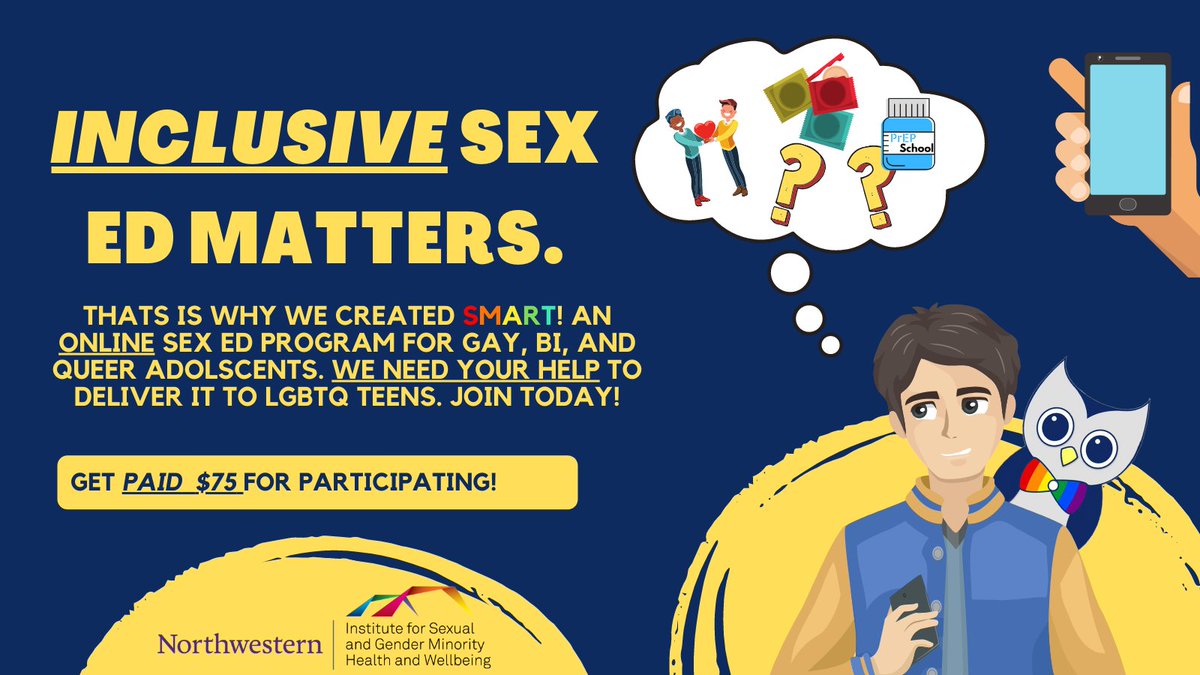 SMART_squad's tweet photo. Want to help the LGBTQ community? Join our online sex ed program for gay, bi, and queer teens! If you are 13-18 years old click on the link to see if you are eligible to participate. You can earn $75 for participating! RT to help spread the word :) Link: https://t.co/LTaQNE62ew https://t.co/60H06bCqsf