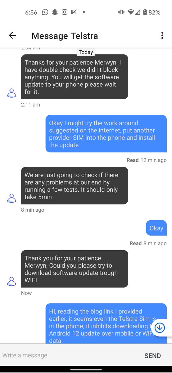 MerwynMonteiro's tweet photo. Looking at the information on blogs @Telstra is blocking #Android12 update from @Google on #pixel5. Workaround: Add another carrier SIM into phone. The tech support can't understand why @Optus or other SIM carrier, get update without problem. https://t.co/zaXoMz71WI