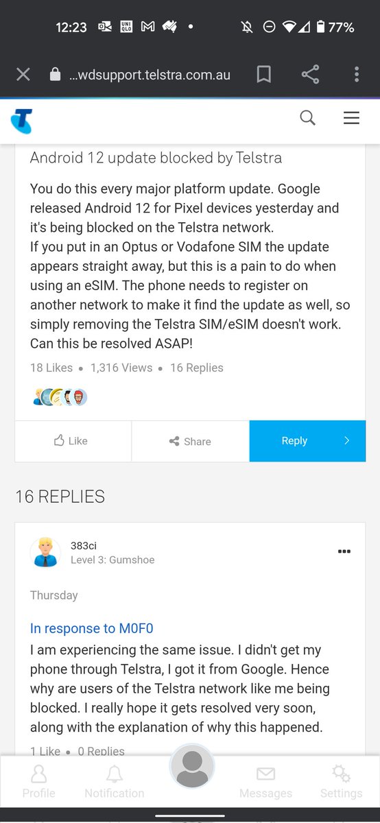MerwynMonteiro's tweet photo. Looking at the information on blogs @Telstra is blocking #Android12 update from @Google on #pixel5. Workaround: Add another carrier SIM into phone. The tech support can't understand why @Optus or other SIM carrier, get update without problem. https://t.co/zaXoMz71WI