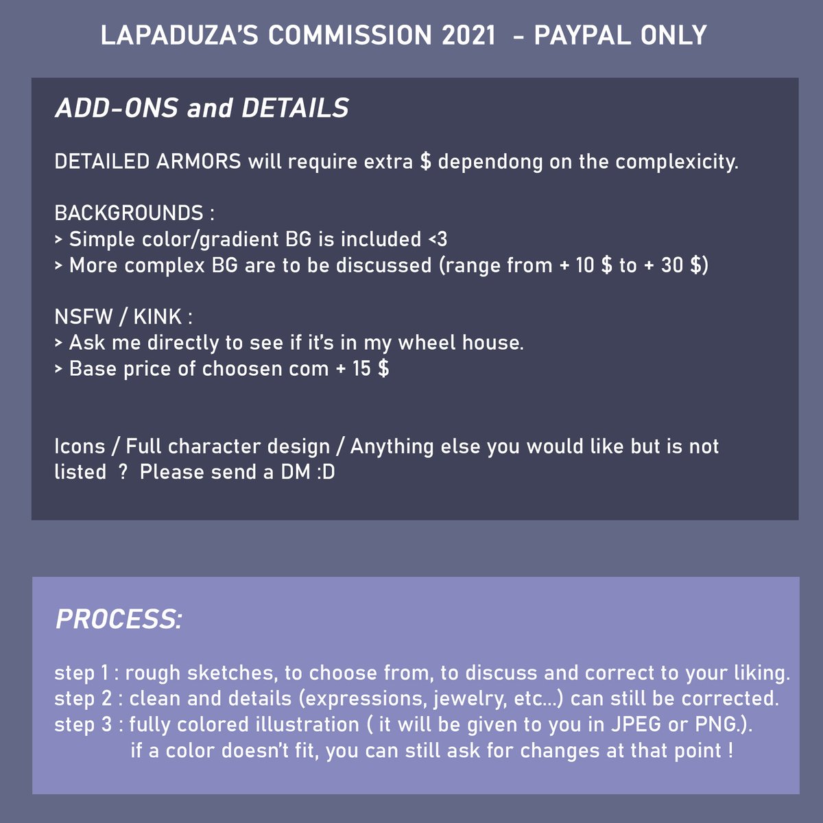 Commissions are open :D
Don't hesitate to send a PM !!

Prices are in USD
I draw original characters AND fanarts<3

#commissionsopen #ArtCommission #artist #digitalart #illustration #ArtistOnTwitter #characterdesign #StarWars #Hades #DnD #artistsontwitter