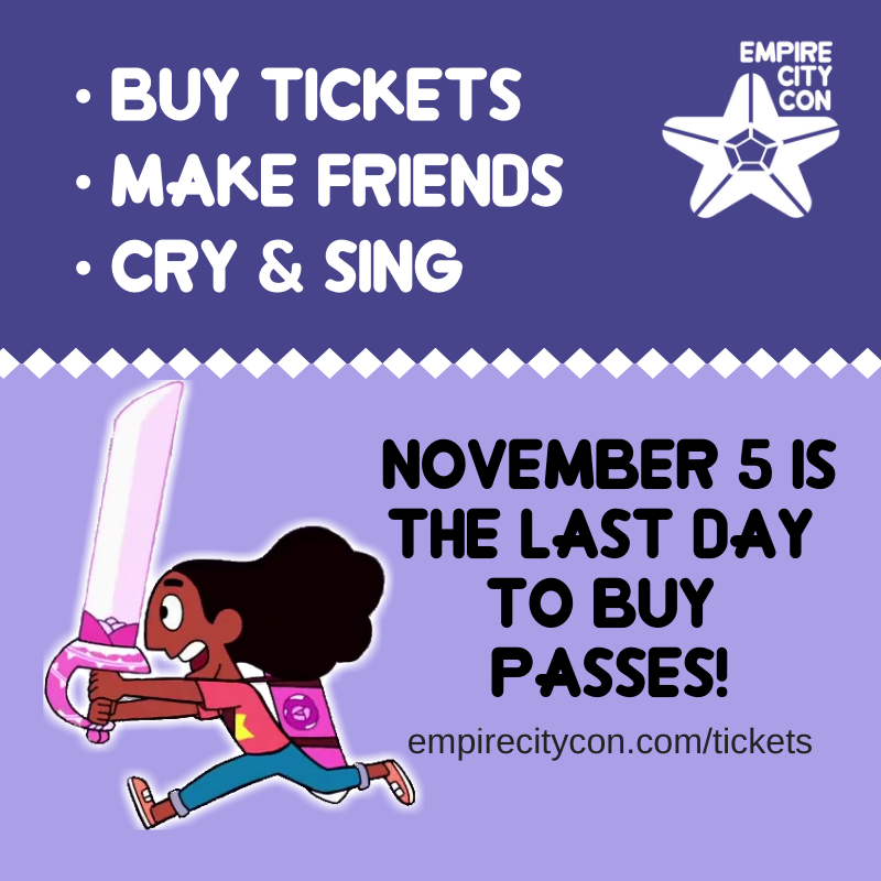 EmpireCityCon's tweet photo. November 5th is the last day to buy passes to #EmpireCityCon! Get yours soon by visiting https://t.co/NXeH11t3ab
See you at #StevenCon https://t.co/UymRzNlAKh