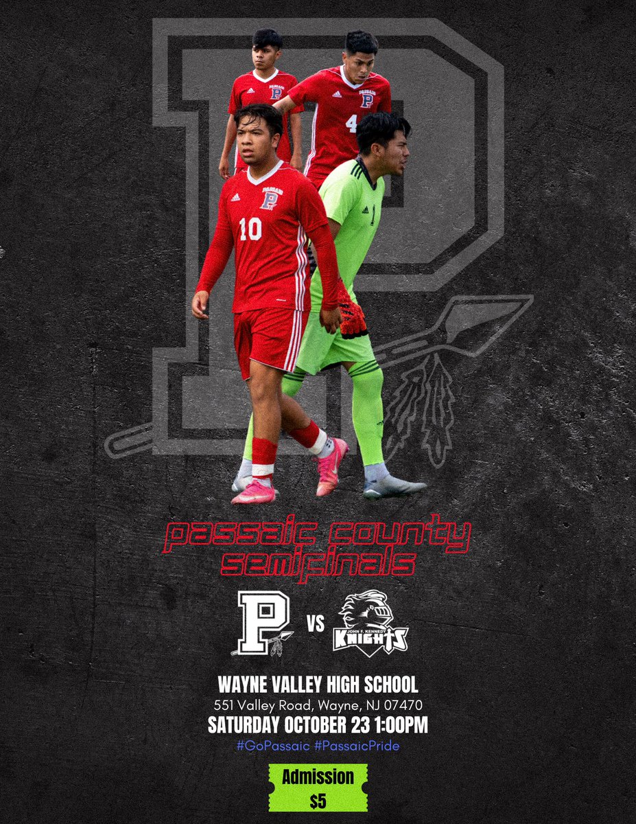 PassaicSchools's tweet photo. Come show your support tomorrow as our Boys Varsity Soccer Team take on the Knights of Kennedy in the Passaic County Semifinals! ⚽️🔴 #GoPassaic #PassaicPride
📍Wayne Valley High School
⏰ 1:00 PM
🎟 $5 Admission https://t.co/qZT0VlKPo2