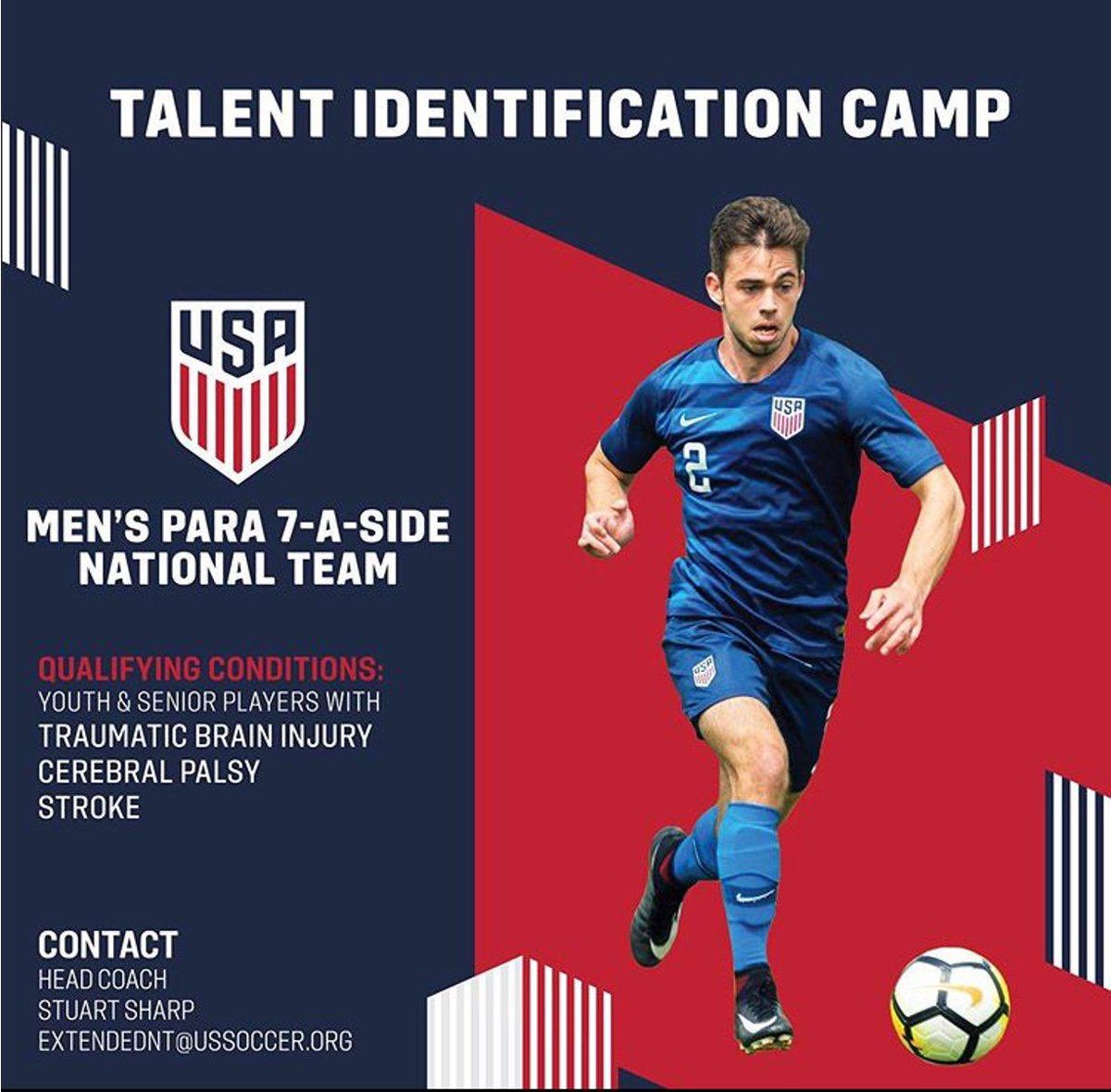USSF_Athletes's tweet image. Want to represent the U.S.A.? 🇺🇸⚽️

Qualifying Conditions:
- Traumatic Brain Injury
- Cerebral Palsy 
- Stroke 

If interested please reach out to 
HC Stuart Sharp 
📧extendednt@ussoccer.org