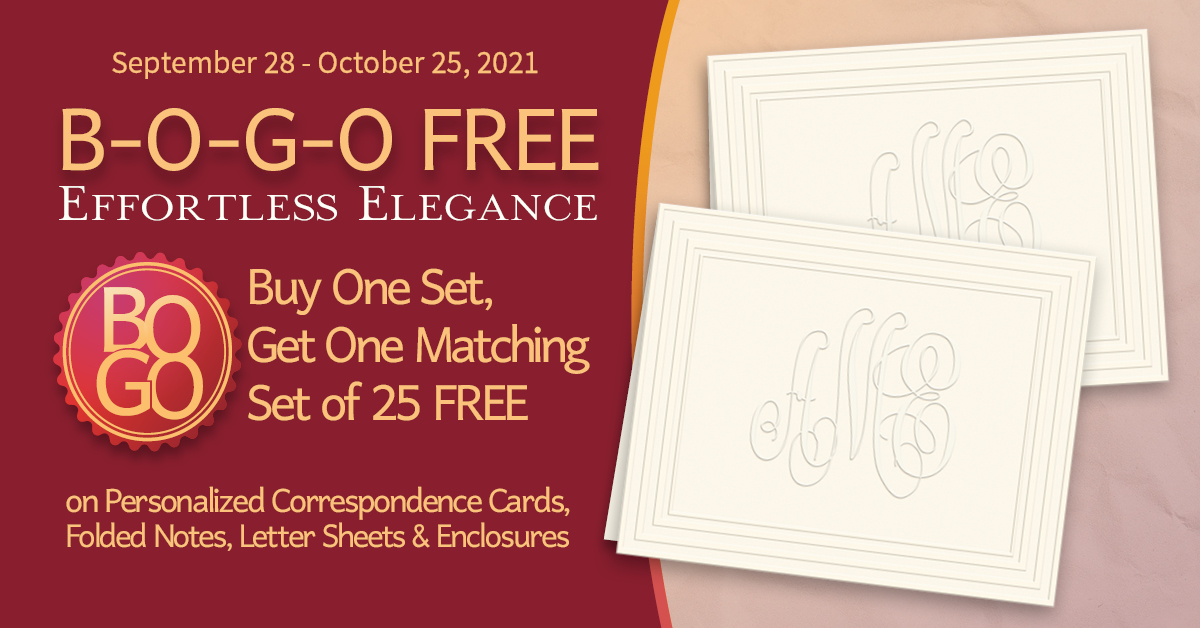 EGStationery's tweet photo. Ending soon!  Achieve effortless elegance with personalized stationery from Embossed Graphics. Find your favorite EG retailer at our store finder: https://t.co/JBeNOs0oFf
#BOGO #personalizedstationery #monograms #effortless #elegance #embossedgraphics https://t.co/feSwwCykzq