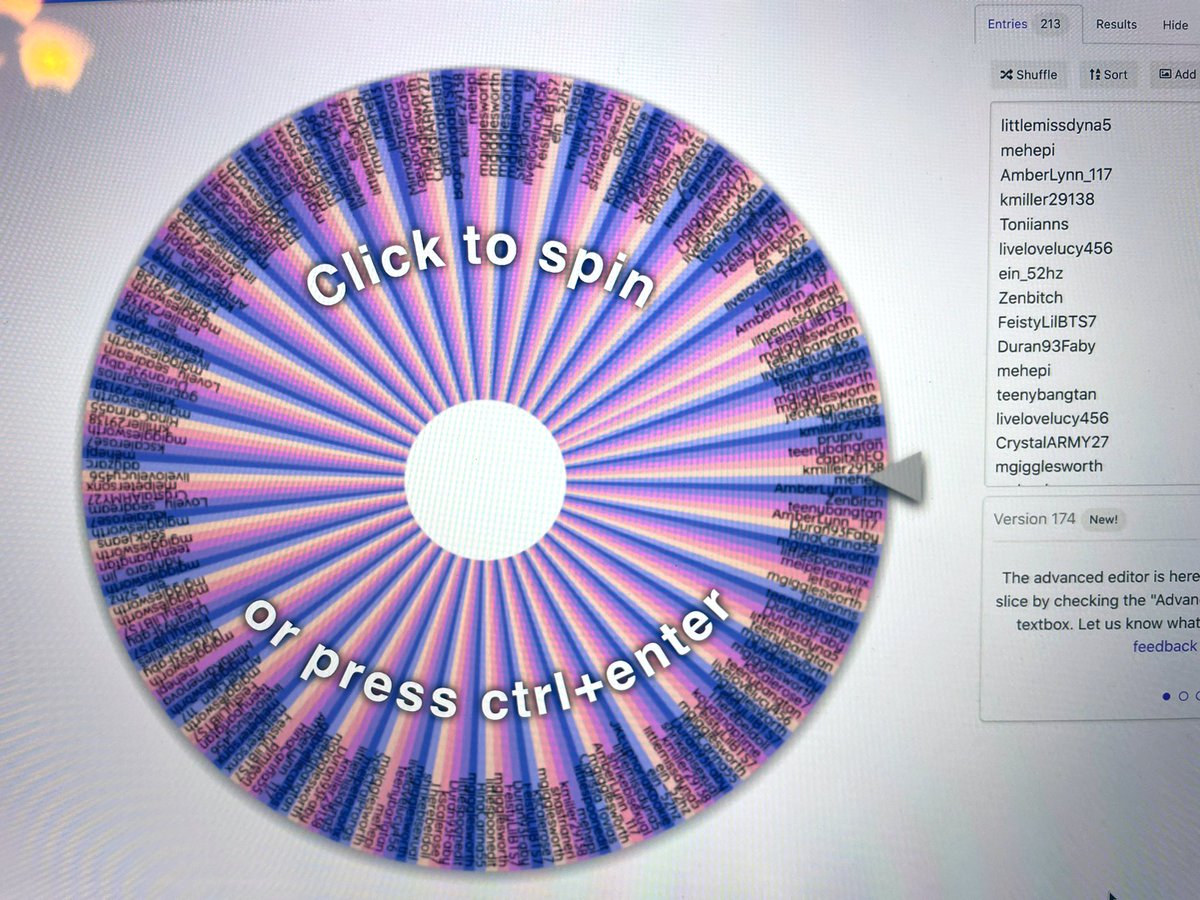 trinhers's tweet photo. just got done inputting all 213 entries into the wheel of names…… 😅 idk why I’m nervous but.. GOOD LUCK TO EVERYONE WHO ENTERED OUR #GCFwithBTS RAFFLE! 💜 https://t.co/IY3CZ8x1RD
