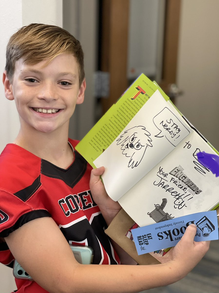 CreLibrarian's tweet photo. To say he was excited is an understatement! @Jarrett_Lerner @PorterSqBooks @CRECoyotes @CISDlib #cisdlib #booklove #enginerds https://t.co/vPBwJvnrvs