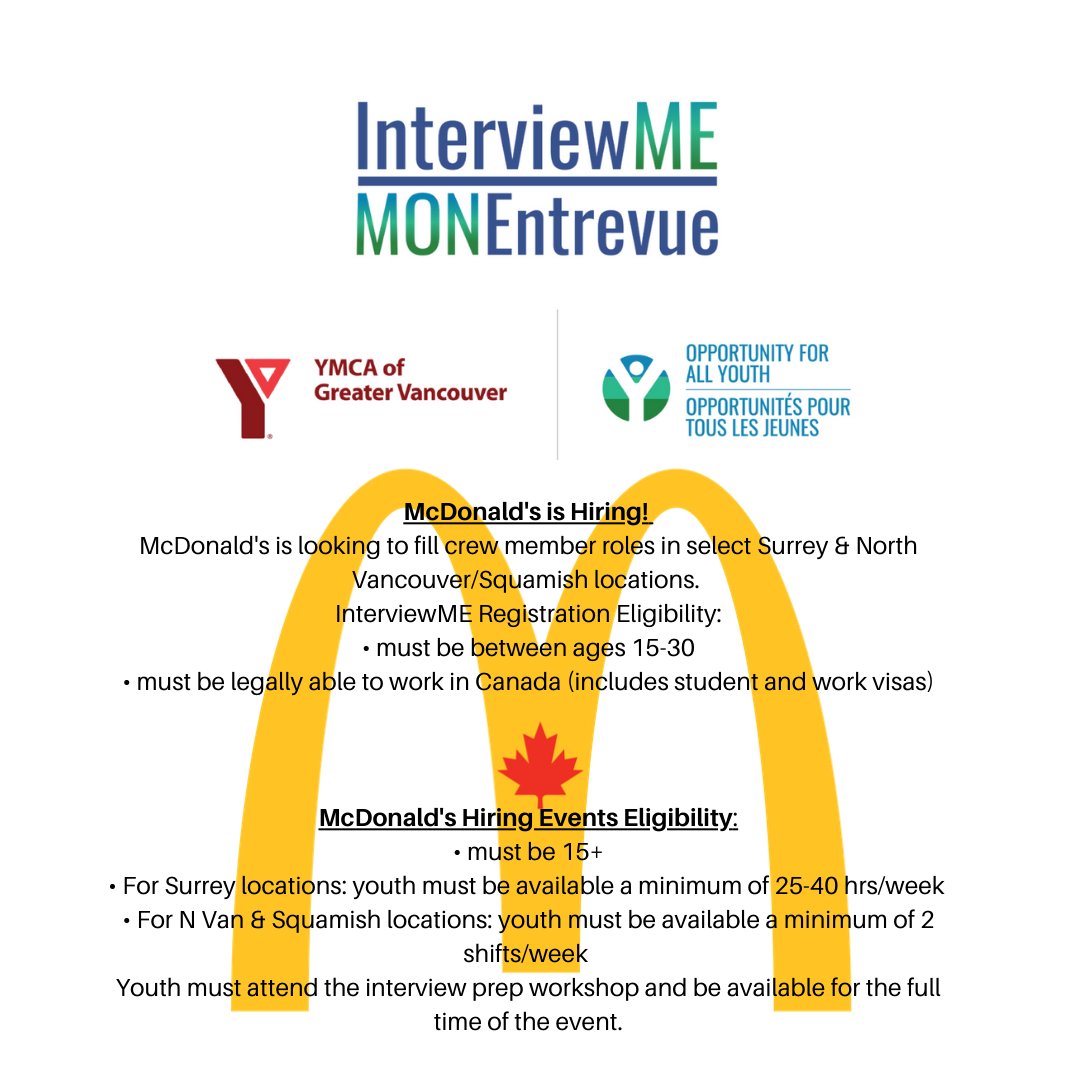 Interested in career opportunity at <a href="/McDonaldsCanada/">McDonald's 🇨🇦</a>  ? They are hiring  and with the help of <a href="/YMCAGV/">YMCAGV</a>  and <a href="/forallyouth/">Opportunity For All Youth</a> you can get interview upskilling support. Apply for this event at the link below #interviewme #interviewupskilling
ow.ly/8VcT50GwvqQ