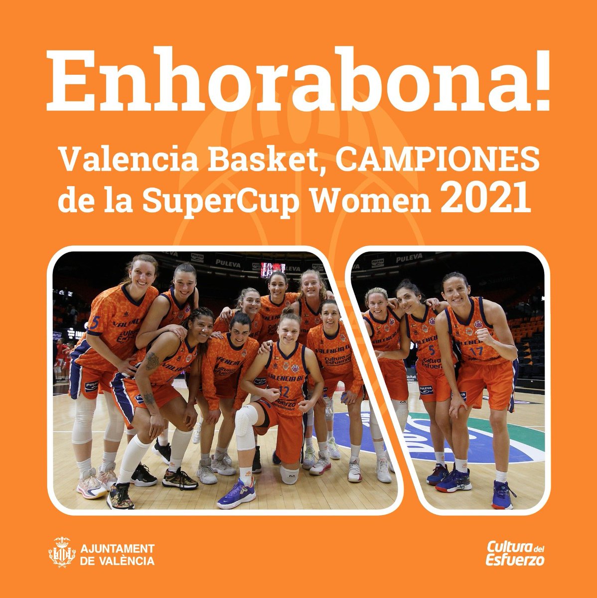 AjuntamentVLC's tweet image. 🏆 El @valenciabasket femení ⛹️‍♀️ es proclama campió de la #SuperCupWomen, per 1a vegada en la seua història! 🏀⛹️‍♀️
I ja van 2⃣ títols europeus el 2021! 👏🏀👏
👏Enhorabona a les campiones de la #SuperCupWomen i de l'@EuroCupWomen🙋‍♀️, al club i a tota l'afició taronja 🏀⛹️‍♀️
#EActíVate