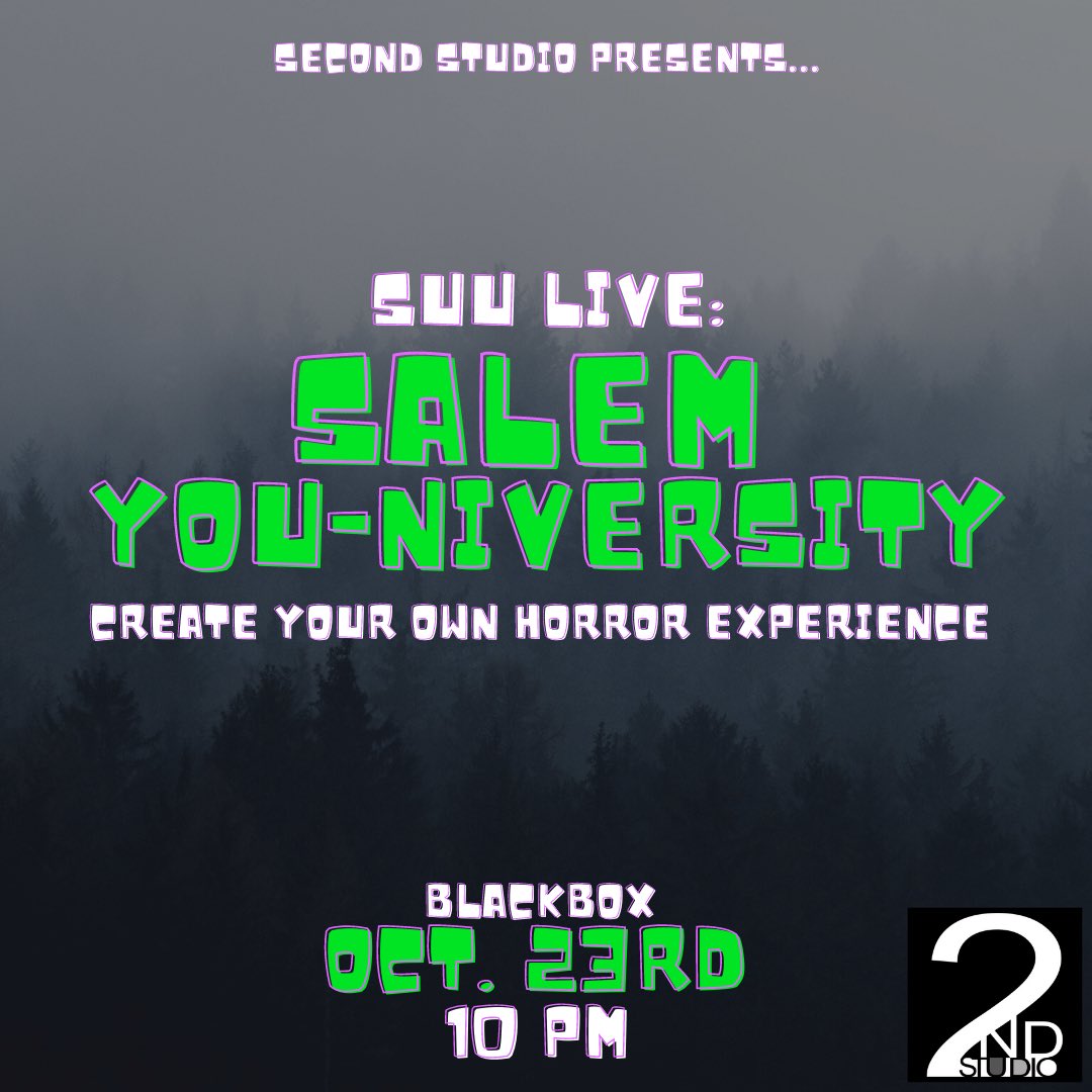 SUU2ndStudio's tweet photo. Tomorrow is the big day! Come join us at 10pm tomorrow in the SUU Blackbox for this months SUU Live! Let’s just say it’s going to be SPOOKY. 🎃 https://t.co/E3Hpjlvavj