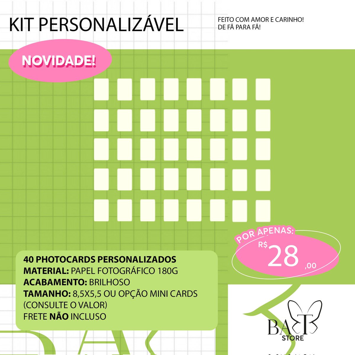 BAT_Store_'s tweet image. 🦋 Kit Personalizável 

📸|| Escolha as imagens que desejar!
🏷|| Pedido via DM
📫|| Envio em até 12 dias úteis 
💵|| Depósito, transferência, pix, paypal (taxa de R$4,50) ou boleto (taxa de R$3,50)
📩|| Frete Fixo: R$12,00 
🎁|| Acompanha brinde!