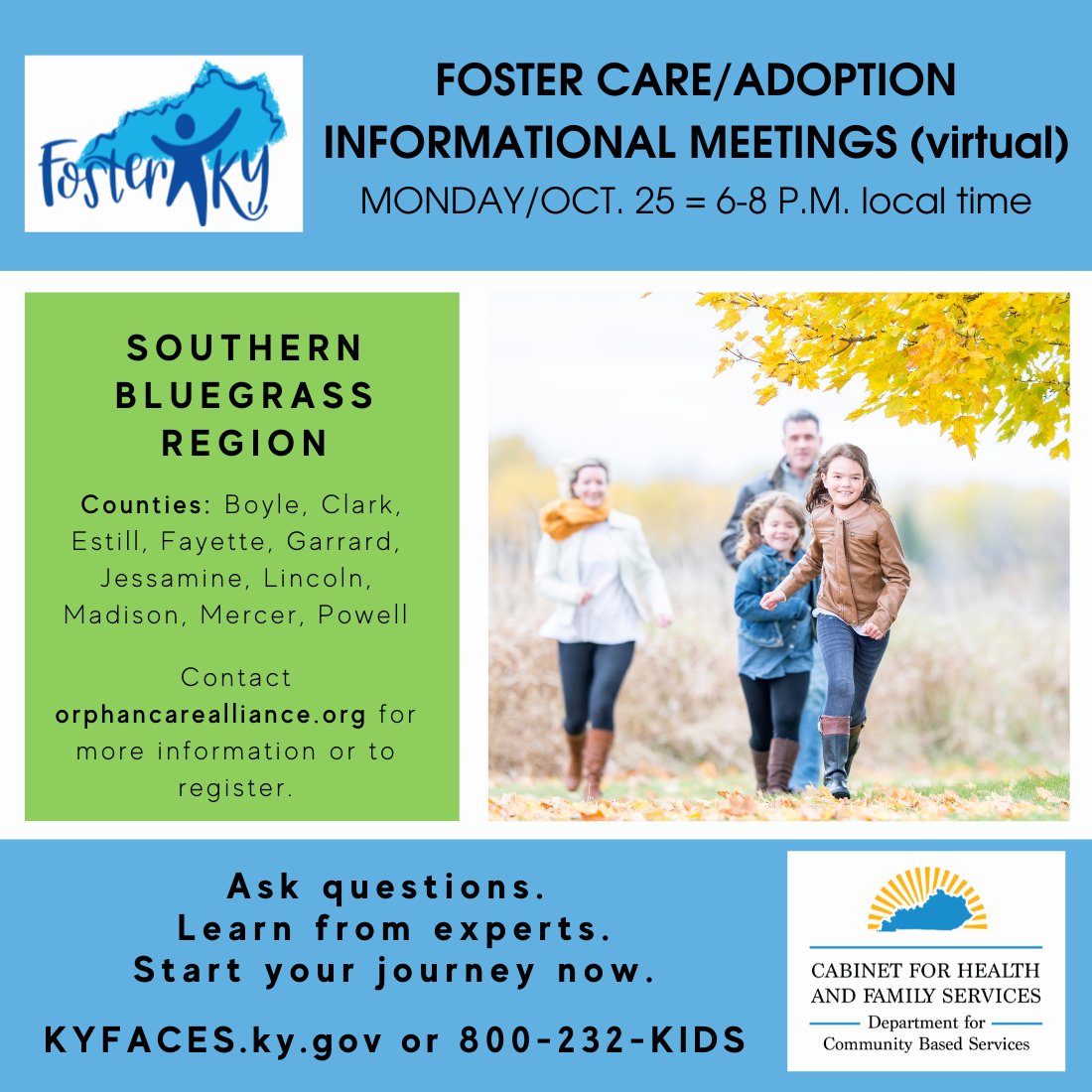 KyDCBS's tweet photo. Families in our Southern Bluegrass Service Region can sign up for a virtual meeting on foster care and adoption scheduled for 6-8 p.m. Monday, Oct. 25. Open your heart, open your home. Make a difference for a child and a family! #fosterky #adoptky #SouthernBlue https://t.co/O3yLGgaZpN