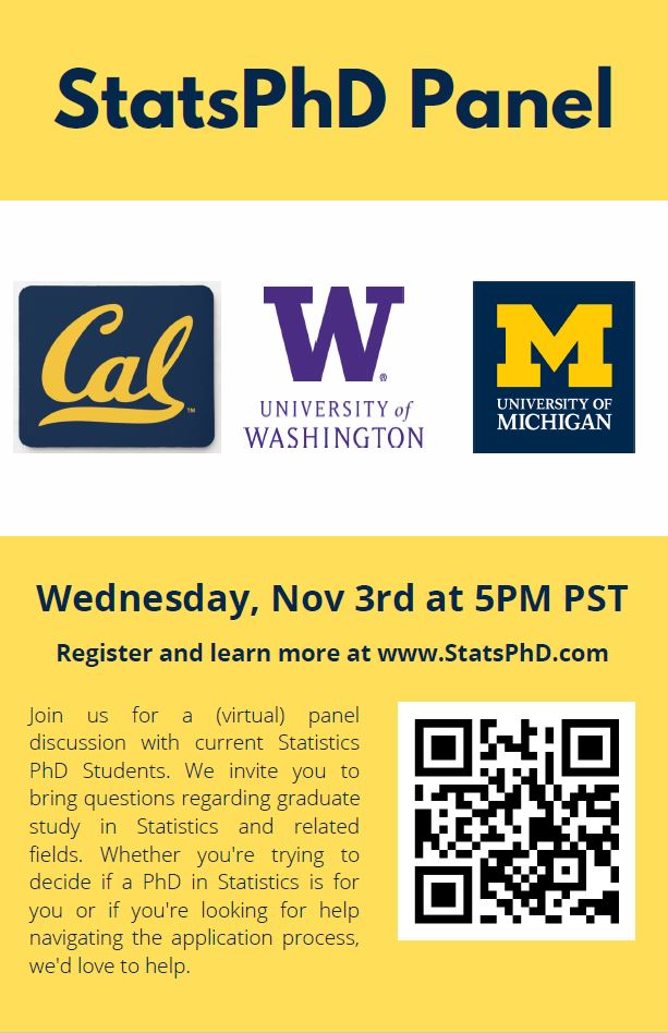 UW Statistics (@uwstat) on Twitter photo Join us for a virtual conversation and Q&A with current Statistics Ph.D. students from the Departments of Statistics at UW, UC Berkeley, and UMich Ann Arbor on Wed., Nov. 3, 2021 at 5:00PM (PST). See details here: bit.ly/3m5zjvb
<a href="/UMichStatistics/">Statistics</a> <a href="/UCBStatistics/">Berkeley Statistics</a> Join us for a virtual conversation and Q&A with current Statistics Ph.D. students from the Departments of Statistics at UW, UC Berkeley, and UMich Ann Arbor on Wed., Nov. 3, 2021 at 5:00PM (PST). See details here: bit.ly/3m5zjvb
<a href="/UMichStatistics/">Statistics</a> <a href="/UCBStatistics/">Berkeley Statistics</a>