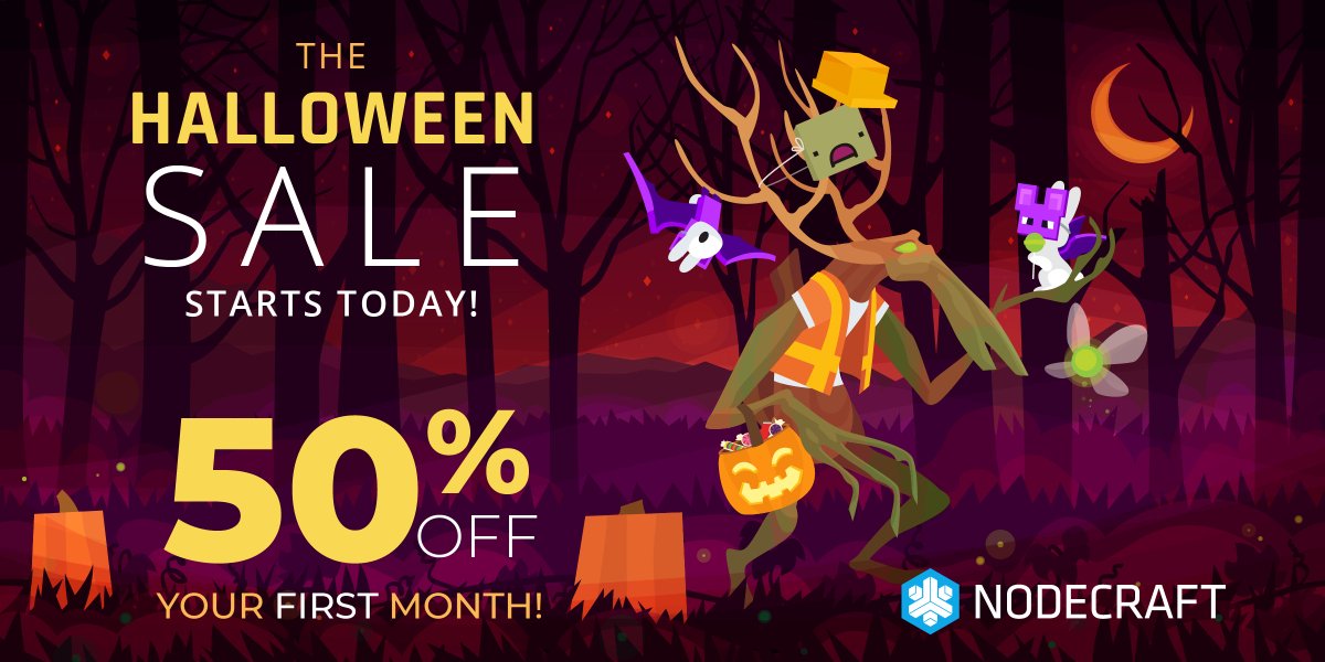 nodecraft's tweet photo. Get your treats early! 🎃 We couldn't wait for Halloween, so grab your sweet deal now with 50% off your first month! 🍬 https://t.co/UFF2hDiWDs  #valheim #minecraft #terraria https://t.co/PJdhXjdIsA