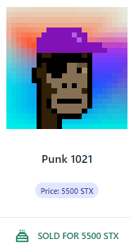 PunksOnStacks's tweet photo. It is pretty amazing to see BOTH an Alien and an Ape on the same line at Recently SOLD for a total of nearly 17.5K! π₯
Ape #StacksPunk #1021 JUST SOLD for 5500 STX
π₯³π₯³π₯³
Super happy to see that we are growing the family #StacksPunkers! π΅
Get yours at https://t.co/otith9Czab https://t.co/rW2RJtwEUe