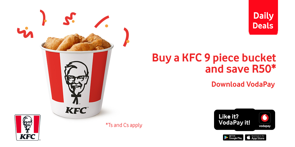 VodaPay's tweet photo. In the mood for a finger lickin' good Daily Deal? 🍗You’ve come to the right place. Save R50 on @KFCSA 9-piece bucket when you shop on VodaPay. Download our app, link your card, and order lunch!  https://t.co/aIfgROAjuw
Like it? #VodaPayIt https://t.co/0yICJpcqUE