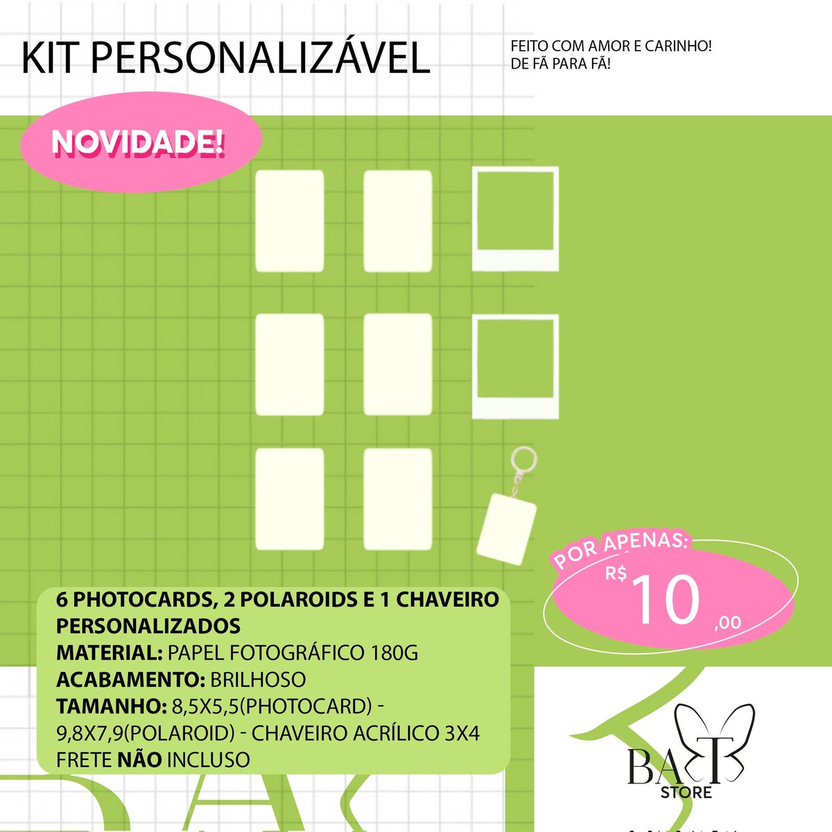 BAT_Store_'s tweet image. 🦋 Kit Personalizável 

📸|| Escolha as imagens que desejar!
🏷|| Pedido via DM
📫|| Envio em até 12 dias úteis 
💵|| Depósito, transferência, pix, paypal (taxa de R$4,50) ou boleto (taxa de R$3,50)
📩|| Frete Fixo: R$12,00 
🎁|| Acompanha brinde!