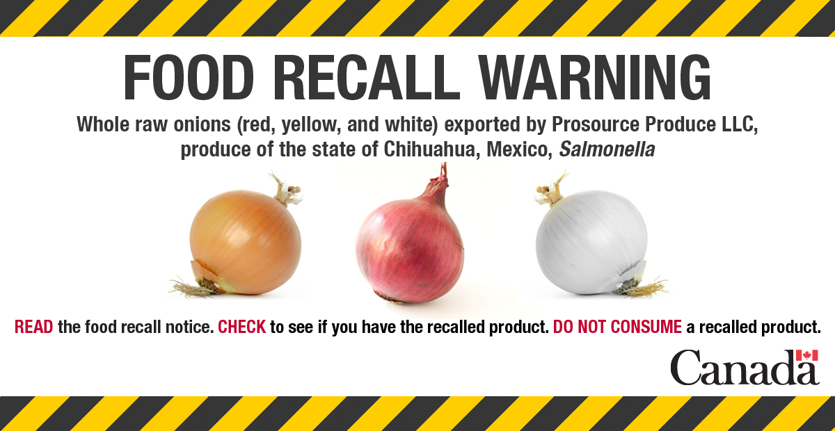 InspectionCan's tweet photo. Industry is recalling whole raw onions (red, yellow, and white) exported by Prosource Produce LLC of Hailey, Idaho, produce of the state of Chihuahua, Mexico from the marketplace due to possible Salmonella contamination. More info here: https://t.co/eC0WS4EujT https://t.co/QNYoKwyPI1
