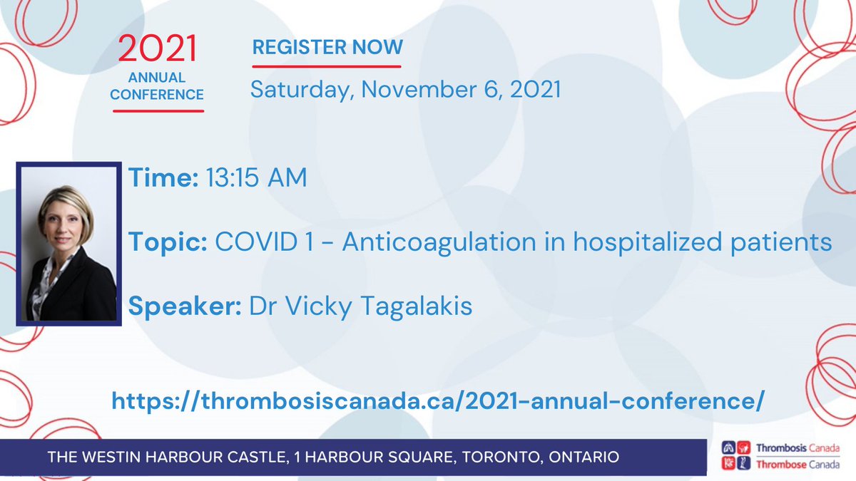 ThrombosisCan's tweet photo. From the front lines of COVID-19 management at the Jewish G H in Montreal, Dr Vicky Tagalakis @VTagalakis will provide an update on Anticoagulation in Hospitalized Patients. Her valuable insights will be presented starting at 13:15 on Nov 6. Register here https://t.co/vpBHmbrEKE https://t.co/gDZf2niPjg