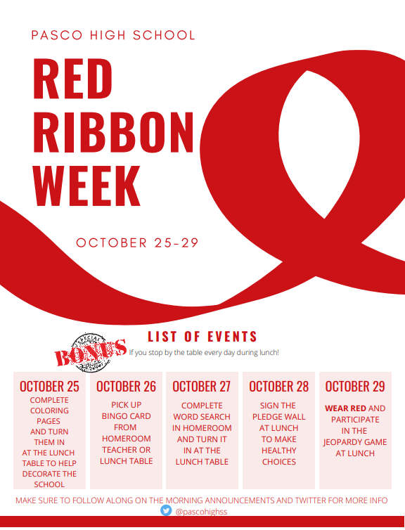 Red Ribbon Week starts on Monday 10/25! Check out the flyer below for more info! #drugfreelookslikeme #RedRibbonWeek #pascostrong