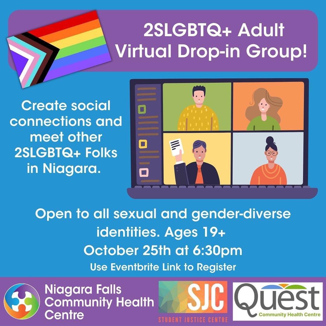 2SLGBTQ+ Adult Virtual Drop In Group!
Monday, October 25th, 2021 from 6:30-7:30PM
 
Create social connections and meet other 2SLGBTQ+ folks in Niagara! 
 
Open to all sexual and gender diverse identities ages 19+
 
REGISTER NOW: eventbrite.ca/e/2slgbtq-adul…