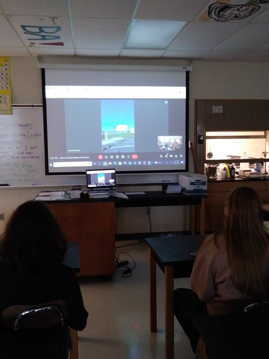 JennFinnScience's tweet photo. GHS Physics rounds out our angled projectile motion by Google Meeting with a real mechanical engineer/drone ship captain for SpaceX today! Huge thanks to @MrKuhneGHSMath for setting us up with this opportunity! https://t.co/78Ejuyn83e