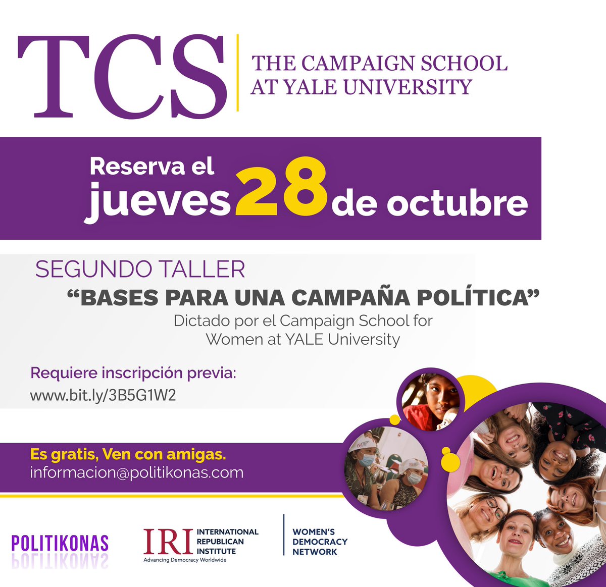 IRI_es's tweet photo. Nos unimos en #Colombia con The Campaing School de Yale #TCSYale y @politikonas para traer el taller “Bases para una Campaña Política” y entregar herramientas a mujeres que buscan ser candidatas para cargos de elección popular - Link de inscripción: https://t.co/MISYTuVWkO https://t.co/fLOEb6bg8o