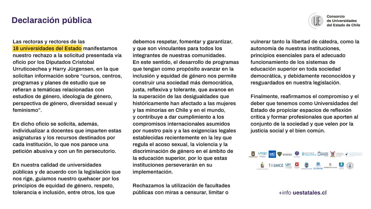 Declaración Pública referente al oficio presentado por dos Diputados de la República en el que solicitan antecedentes sobre nuestros programas y cuerpos académicos. Las Ues Estatales tenemos un compromiso con educar en respeto, diversidad y equidad.