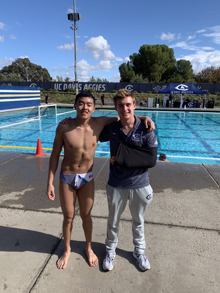 JesuitWP's tweet photo. Jesuit water polo reunion on the UC Davis pool deck this afternoon. Jacob Yi ‘21 playing for Air Force against Vanya Soshnikov’s ‘20 Davis Aggies. Go Big Red! @JesuitAD @Coach_Koerner https://t.co/TiOwUEFJV4