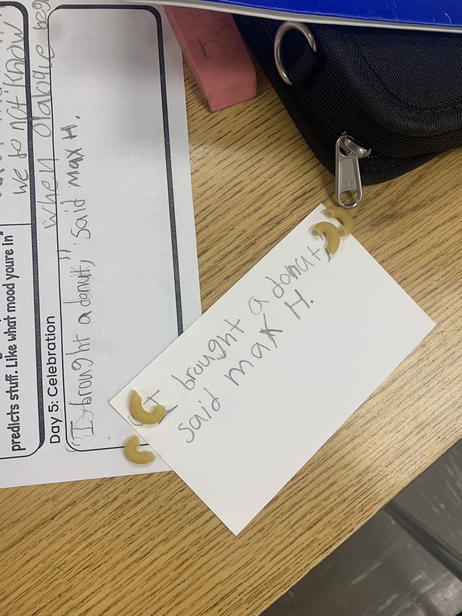 MsLeonardoClass's tweet image. Fridays are for #PatternsofPower celebrations! This week we learned about quotation marks. Today we celebrated by creating sentences with dialogue. We used elbow pasta as physical quotation marks.
