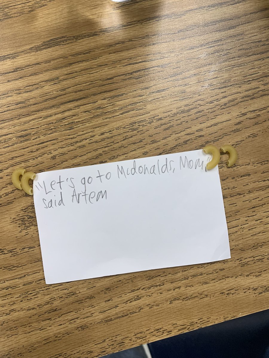 MsLeonardoClass's tweet image. Fridays are for #PatternsofPower celebrations! This week we learned about quotation marks. Today we celebrated by creating sentences with dialogue. We used elbow pasta as physical quotation marks.