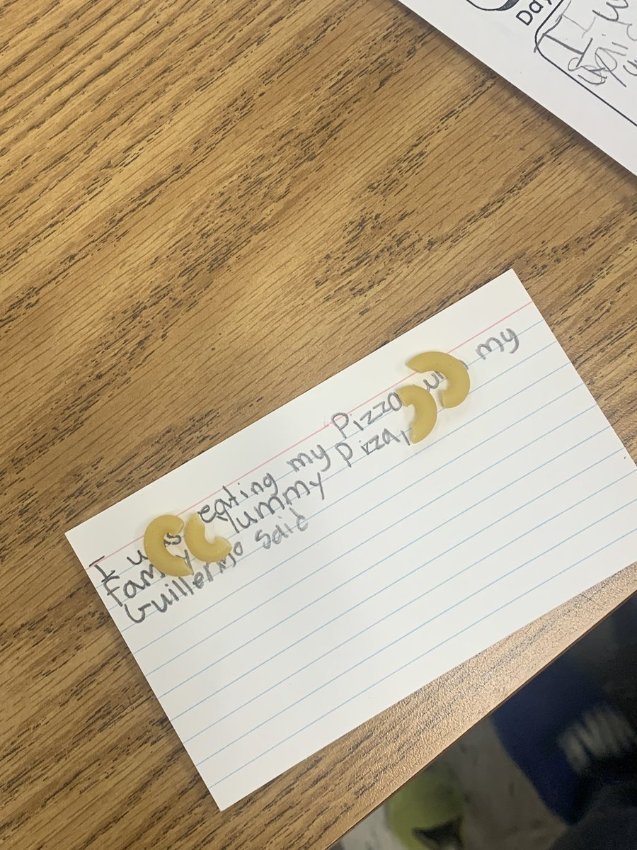 MsLeonardoClass's tweet image. Fridays are for #PatternsofPower celebrations! This week we learned about quotation marks. Today we celebrated by creating sentences with dialogue. We used elbow pasta as physical quotation marks.