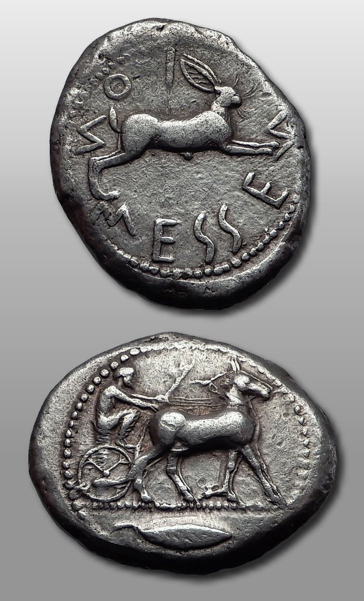 Messana, Sicily. 480BC silver Greek Tetradrachm, depicting a hare or rabbit, and a charioteer.