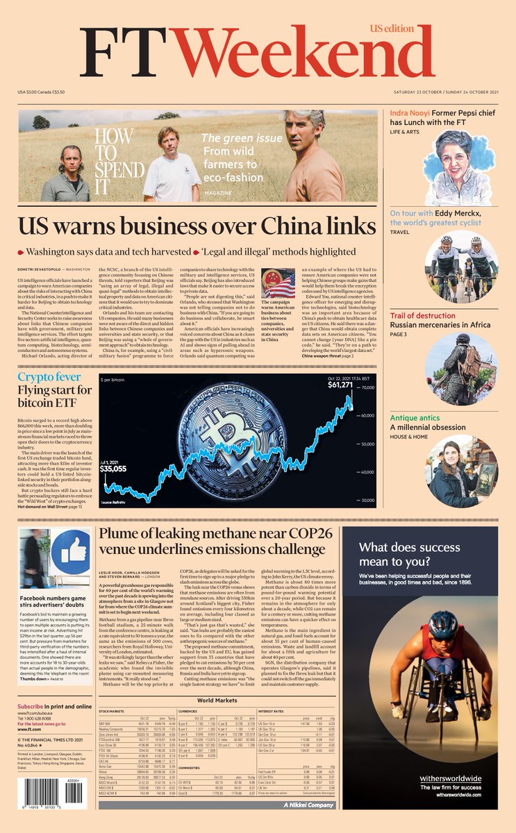 FinancialTimes's tweet photo. Just published: front page of FT Weekend, international edition, Saturday 23 October https://t.co/Rg0ucS6RIr https://t.co/GtpACjgtFu