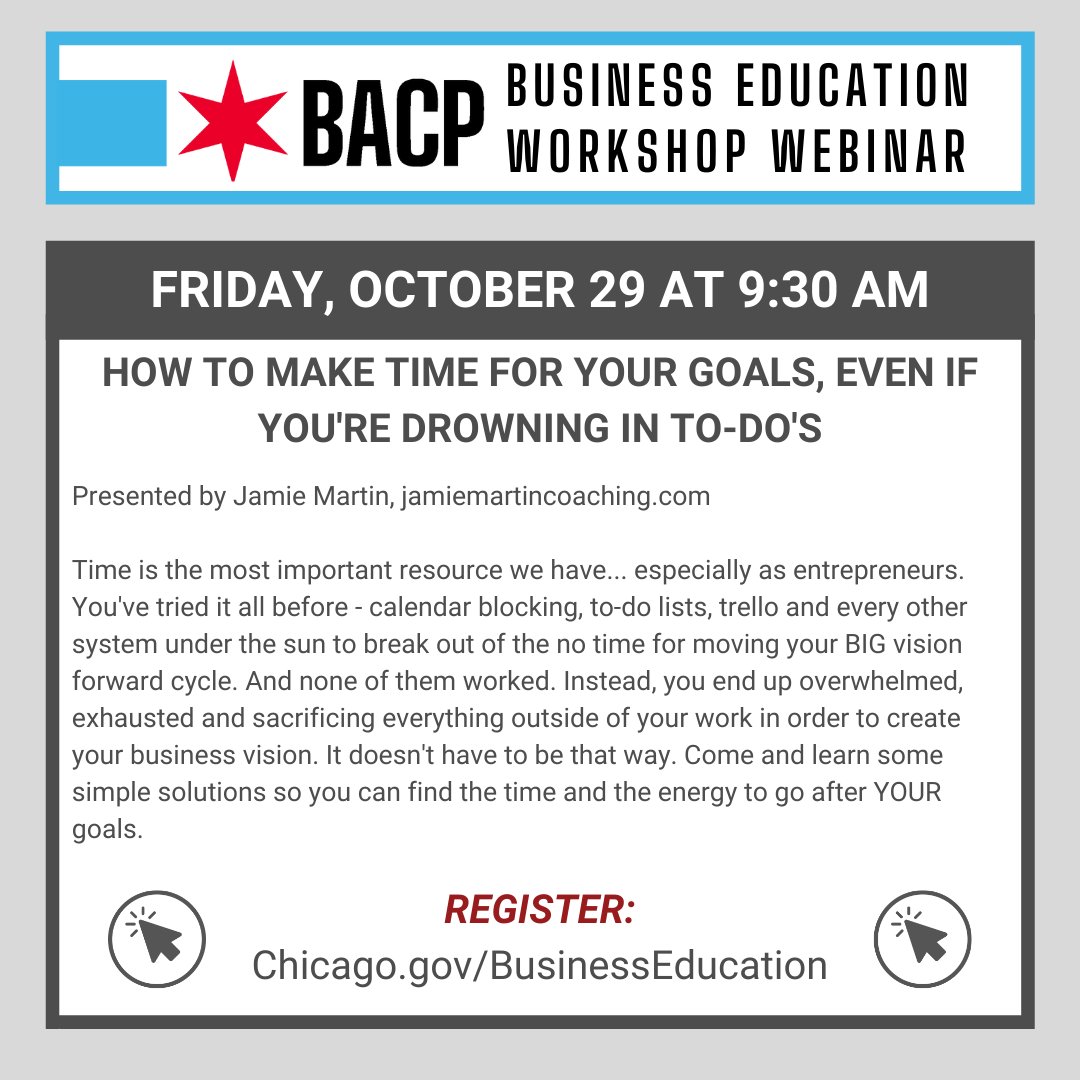 Don't miss this week's FREE business education webinars! Wednesday, 10/27 @ 3 PM How to Increase Sales and Leads Using Facebook by Chi South Marketing. Friday, 10/29 @ 9:30 AM How to Make time for Your Goals, Even If You're Drowning in To-Dos Register at Chicago.gov/Businesseducat…