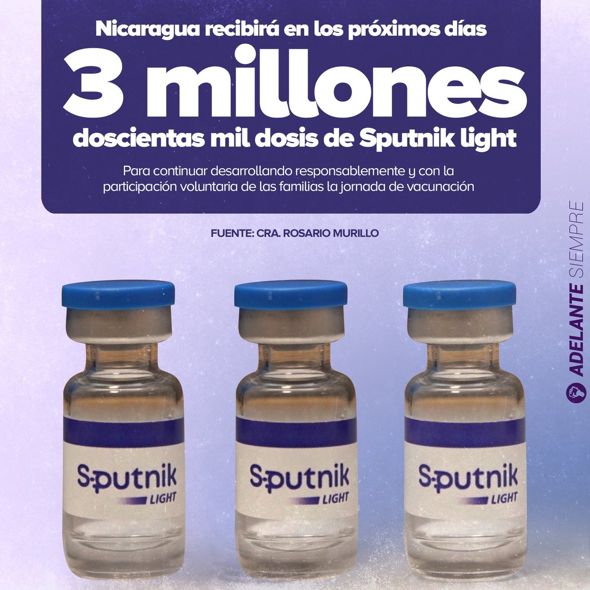 LaureanoOrtegaM's tweet photo. Nicaragua recibirá este fin de semana, más de 3 millones de vacunas Sputnik Light. Nicaragua y Rusia continuamos cooperando por la salud de los nicaragüenses. 🇳🇮 🇷🇺 https://t.co/UX3igrJQUv