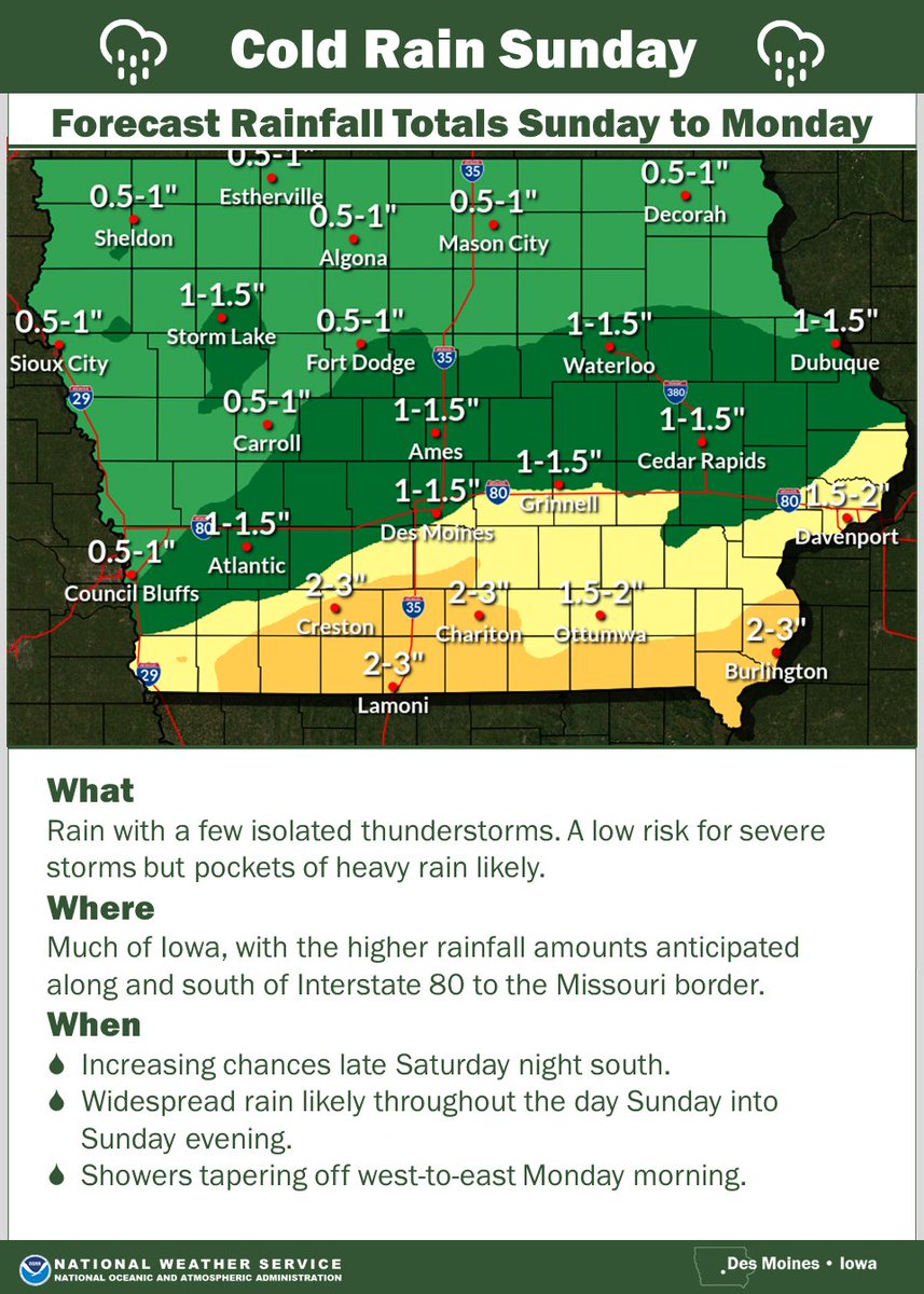 NWSDesMoines's tweet photo. A cold, windy, rainy day anticipated on Sunday.
#iawx #iowafall https://t.co/ZZxSoGFT6K