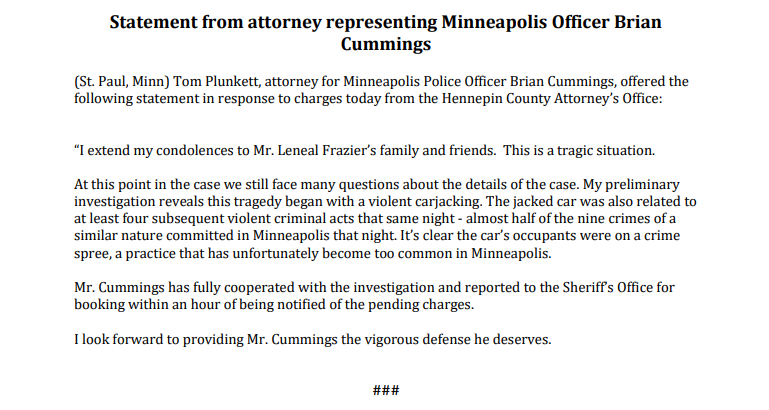 nickstreiff's tweet photo. New statement from Tom Plunkett, the attorney representing Officer Brian Cummings. @WCCO https://t.co/hMWwXua6T1