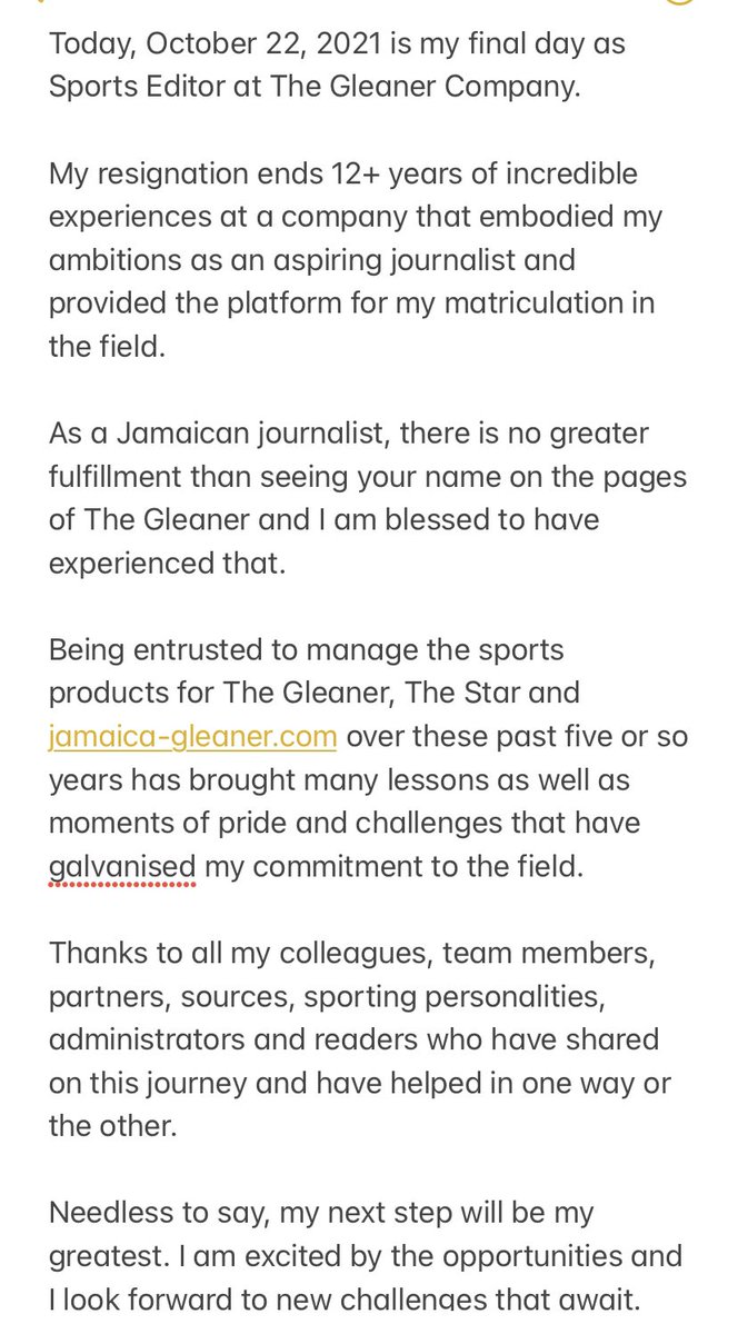 AndreLoweJA's tweet photo. Today is my final day as Sports Editor at The Gleaner. My resignation ends 12 years of amazing experiences. 

I am forever grateful to my team, colleagues, supervisors then and now, sources, sporting personalities, readers, mentors etc. 

My next move will be my greatest! https://t.co/1T3wegBABa