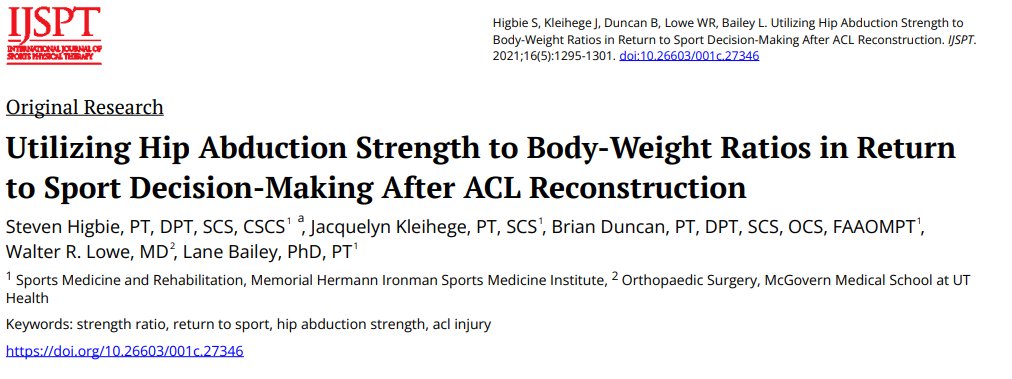 kcrehabguy's tweet photo. If you treat ACL's regularly, you might give this a read.  Nice work by my pal @baileylb2001 &amp; colleagues.  Certainly a good idea to assess hip strength after ACLR, good to provide a potential target.  https://t.co/Q3Hnl76a1L https://t.co/RwJATr2NHp