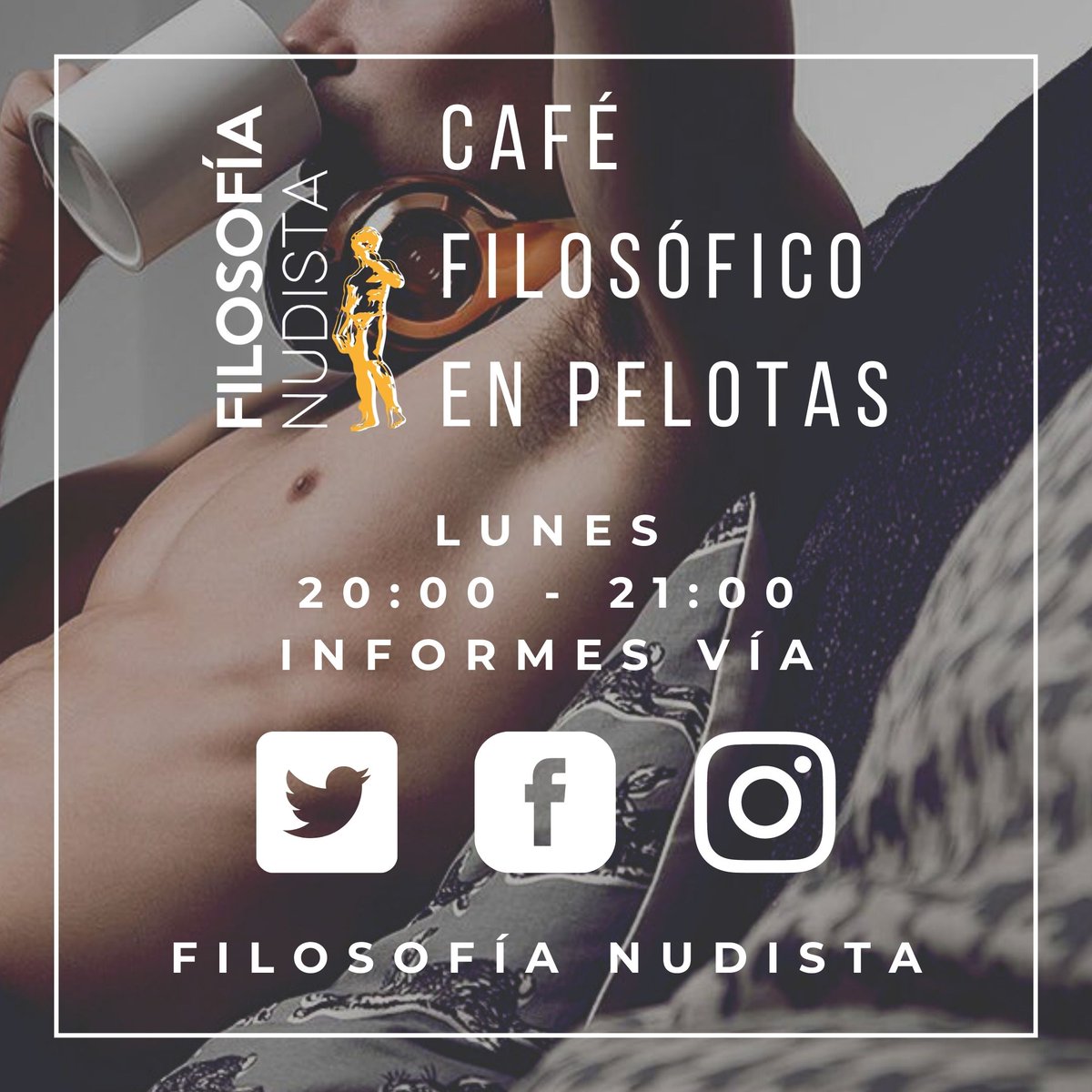 FilosofiaN_'s tweet photo. Como cada lunes, les ofrecemos nuestro: #Café #Filosófico #EnPelotas, a cargo de @HuSaLiAl. ☕
Esta actividad está pensada para personas que quieren introducirse en el #nudismo.
👉🏽 Si quieres participar, envíanos mensaje. https://t.co/1h4RuJ2BWl