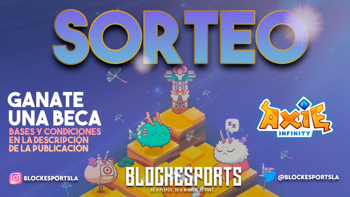 📢 ¡SORTEAMOS una Beca Axie! 📢

Ganate una beca de #Axie que entregan nuestros amigos de <a href="/BlockEsportsLA/">BlockEsportsLA</a> 

⬇️Cómo participar⬇️

1⃣ Seguir a <a href="/BlockEsportsLA/">BlockEsportsLA</a> y a mi
2⃣ Da Like❤️y RT🔁
3⃣ Menciona a 2 amig@s con #BecaBlockesports
(A + tuits, + chances)
⏳El sorteo finaliza el 29/10