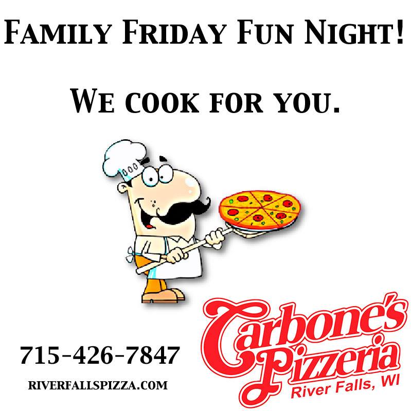RFCarbones's tweet photo. Friday night family night! Sit back and don't worry about what to feed the family.  Call now 715-426-7847 to ask about our many special and have a wonderful night! 

Takeout and delivery! https://t.co/LfsM9dWl9h