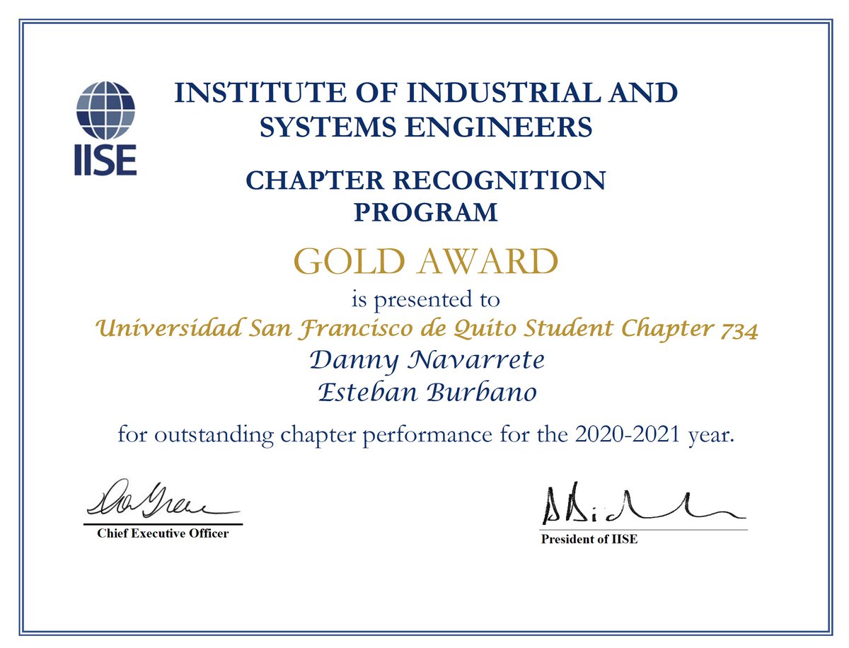 PolitecnicoUSFQ's tweet photo. Chapter USFQ IISE #734 nuevamente ha sido reconocido, ahora por sexto año consecutivo con el Gold Award del Institute of Industrial and Systems Engineers. Este reconocimiento se obtuvo junto a otras Universidades, por el desempeño de varias actividades académicas y  empresariales https://t.co/pX5PTAcrLA