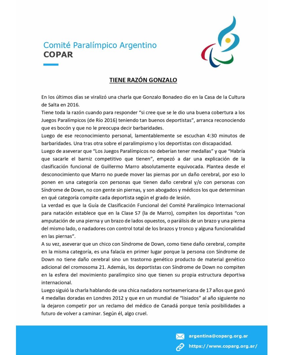ParaDeportesOK's tweet photo. 📝 EL COMITÉ PARALÍMPICO ARGENTINO TAMBIÉN LE RESPONDIÓ A GONZALO BONADEO https://t.co/DF1tmenzr7