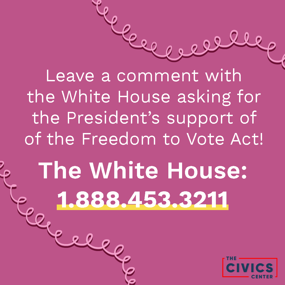 TheCivicsCenter's tweet photo. ICYMI 🚨43 states have introduced restrictive voting bills in 2021 alone. That’s why we need the Freedom to Vote Act! Make sure Congress sees your support by signing our petition and calling your Senator 📞 https://t.co/hKeH5kl5zI  #FTVA #FreedomToVoteAct https://t.co/4DYX3yHBVn