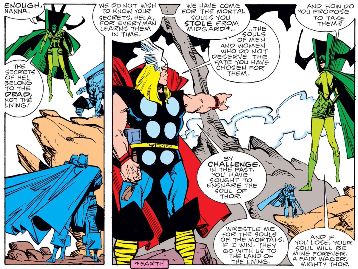 Thor challenges Hela to a duel: They will wrestle, and if Thor wins, the souls of the mortals will go free. But if Hela wins, then Thor stays with her forever. Thor hopes that Hela’s pride will force her to accept the challenge, and he is correct! #marvel #thor https://t.co/k4WyVRt5kO