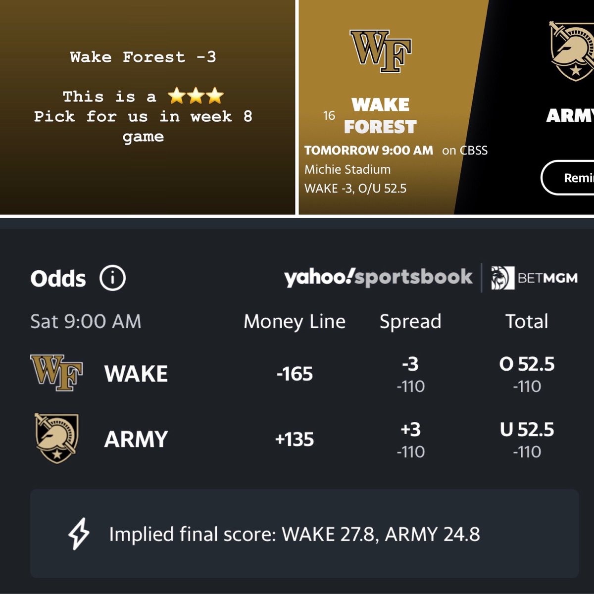 PSAnalytic's tweet image. Wake forest is a 3 star play for us in this week 8 matchup. #wake is the better team and bullies navy up and down the field. #psa #psanalytics #wakeforest #navyfootball #collegefootball #cfb #ncaafootball