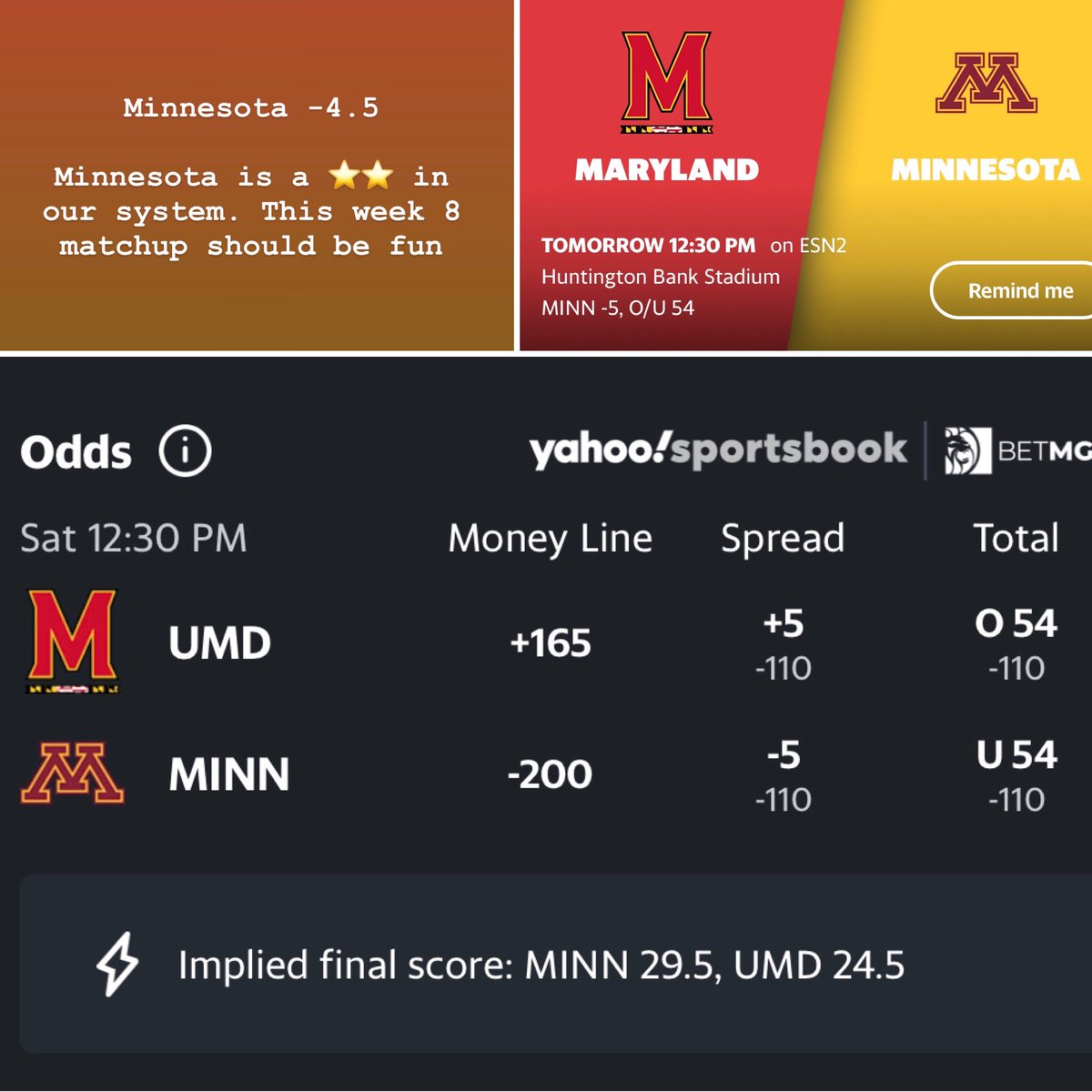 PSAnalytic's tweet image. Minnesota -4.5 is a 2 star play for us in this week 8 matchup. #Minn is the better team and will out score #maryland at home. #psa #psanalytics #minnesota #marylandfootball #collegefootball #cfb #ncaafootball #gamblingtwitter