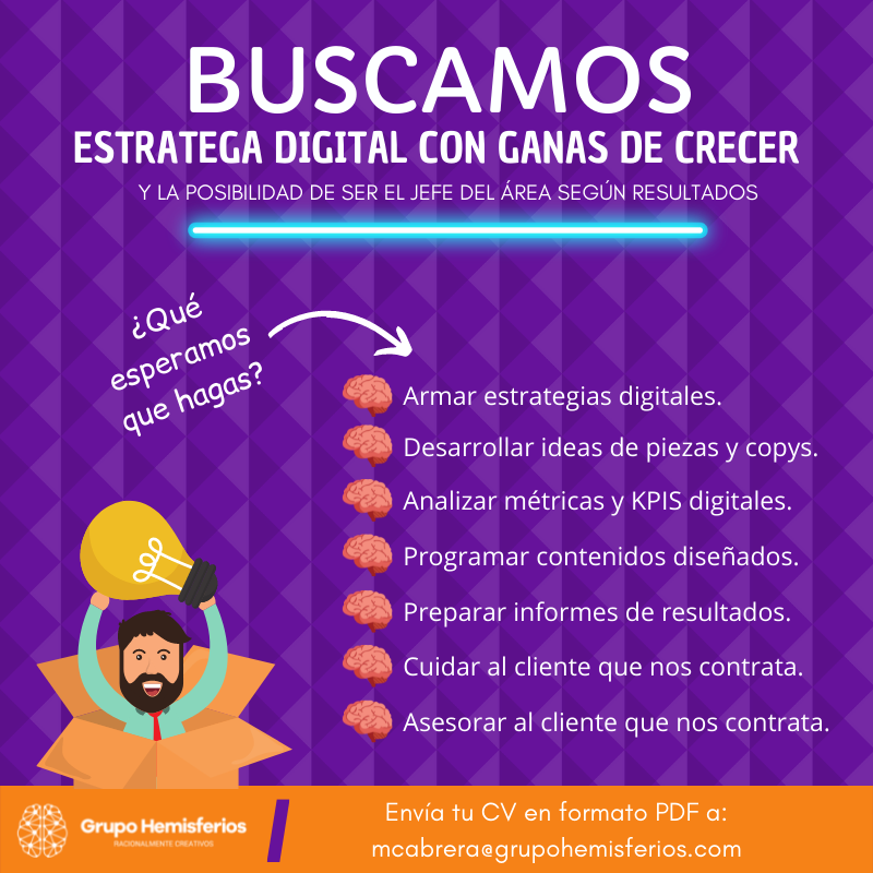 GHemisferios's tweet photo. 📣 Estamos buscando en Grupo Hemisferios una persona que se sume a nuestro equipo digital. Queremos una persona que DE VERDAD tenga hambre, ganas de crecer y no tenga miedo a salir adelante. 

Envía tu CV en formato PDF a mcabrera@grupohemisferios.com el asunto ESTRATEGA DIGIT https://t.co/SJP2oZUWuj